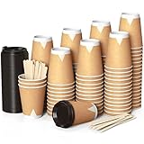 100 Doppelwand Kraft Pappbecher 360 ml Coffee to Go mit Deckel und Holz Rührstäbchen Zum Servieren von Kaffee, Tee, Heißen und Kalten Getränk