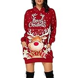 Zilosconcy Damen Weihnachts Hoodie Weihnachten Kleider Festival Langarm Weihnachtskleid Lang Weihnachtspullover Weihnachten Druck Partykleid A-Linie Swing Kleid Dress Kostüm Kapuzenp