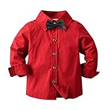 Ketamyy Kinder Jungen Langarm Button-down Weihnachts Hemd mit Fliege, Revers Einfarbig Baumwolle Tops, Casual Gentleman Shirts für Taufe Geburtstag Party Weinrot+Schwarze Fliege 90CM