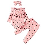 NBAA Kleinkind Baby Mädchen Herz Print Gerippte Schleife Strampler Tops + Hosen Stirnband Outfits Baby Langarm Rundhals Bowknot Strampler und Stirnband Zweiteiliger Anzug (0-12 Monate)