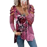 Damen Casual Langarm T-Shirts kalte Schulter V Ausschnitt Strappy Floral Tunika Tops Sommer Lose Reißverschluss Blusen, rosarot, XXL
