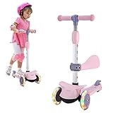 Wheelive 3-in-1 Kinderroller mit abnehmbarem Sitz, 4 höhenverstellbaren und faltbaren Design Kleinkinder Scooter Sitzen oder Stehen mit 3 LED-Rädern für Jungen und Mädchen im Alter von 2 bis 6 J