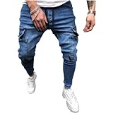 Herren Cargo Jeans Fashion Hip-Hop Washed Casual Allgleiches Stitching Pocket Outdoor Streetwear Denim Pants S