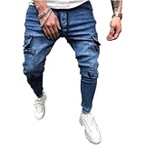 Herren Cargo Jeans Fashion Hip-Hop Washed Casual Allgleiches Stitching Pocket Outdoor Streetwear Denim Pants S