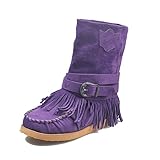 HOTRA Cowgirl Stiefel mit Fransen für Damen Wildleder Gürtelschnalle Halbhohe Stiefel Ohne Absatz Retro Ritterschuhe (Color : Purple, Size : 39 EU)