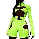 CharmShow Damen Sexy Bodysuit Jumpsuit Kurz/Langarm Polokragen Knopf Bodycon Strampler Einteiler Cut Out Biker Y2k Streetwear, A_fluoreszierendes Grün, 42