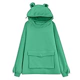 QI_LIANG Damen Nähte dreidimensionaler Frosch Hoodie süße Bluse warmer Pullover Kawaii Tasche lässig