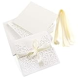 10er Ivory Weiss Einladungskarten Elegant Spitze Design mit Karten, Umschläge, Schleifer, Einlegeblätter OHNE DRUCK Hochzeit Geburtstag Taufe Party Einladung