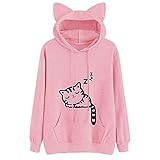 Pulli Pullover Damen Sweatshirt Teenager Mädchen Hasen Ohren Rundhals Kapuzenpullover Herbst Winter Tops Bluse Cute Katze Fisch Drucken Top Hoodies Langarmshirt Streetwear Kapuzen Frauen Mode Lang