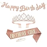 Veraing Geburtstags-Krone Schrpe Birthday Girl Geburtstags Kristall Tiara Birthday Crown Prinzessin Haar-Zustze fr Frauen Party Accessoires(Krone + Schrpe + Geburtstagsbanner + 1 Perlenhaarnadel)