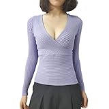 VIZANLY Sexy Club Damen Pullover mit tiefem V-Ausschnitt und langen Ärmeln, einfarbig, hoher Stretch, kurzer Pullover, schmaler Strick-Pullover, hellviolett, O