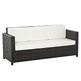 Outsunny Poly-Rattan Sofa mit Kissen 3-Sitzer Garten Loungesofa Metall Polyester Braun+Weiß 185 x 70 x 80