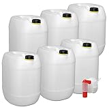 plasteo 6er Set: 30 Liter Getränke- Wasserkanister Natur mit Schraubdeckeln und 1 Ausgießhahn (DIN 61) | Lebensmittelecht | Tragbar und Robust | Indoor und Outdoor | BPA Frei | Made in Germany