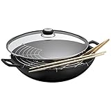 WMF Wok Gusseisen 36 cm, Induktion Wok mit Glasdeckel, Stäbchen, Zange, Ablegegitte, rGusseisen emailliert, G