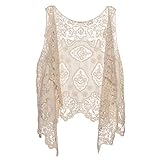 Berax Damen Weste Cardigan Sommer Hippie Gilet Häkeln Hohl Spitze Irregular Boho Ärmellos Cardigan Weste Kurz (Beige)