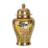 Gold Keramik-Ingwer-Glas Chinesische Porzellan-Vase Mit Deckel, Floral Dekoratives Glas Orientalisches Großes Tempelglas Mit Blume, Vögel Und Schmetterlingsmuster For Heimtisch-Herzstück ( Größe : L )