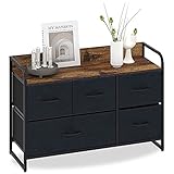 Kommode mit 5 Schubladen Wildleder Stoffschrank Niedrig Sideboard Vintage Highboard Metall Schränke Organizer TV Schrank Klein, Küche Schlafzimmer Büro Wohnzimmer Schwarz + Grau Holz + S