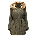 SDFRK Damen-Mantel, Winterjacke, warme Jacke, für Damen, mit Reißverschluss, dicker Mantel, Parka mit Pelz, Outercoat, Jacke aus Baumwolle, mit Kapuze mit Reißverschluss, Armee grün, 38