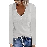 Damen Herbst Tops,Damen Langarm Tops Lässige einfarbige T-Shirt Sexy V-Ausschnitt Oberteile Button Down Henley Shirts B