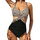 Lazzboy Bademode Damen Bauchweg Leopardenmuster/Blumendruck Frauen Wrap Push Up Badeanzug Hohe Taille Monokini Wickel Raffung Cut Out Einteilige Strandmode Swimsuit (Braun,XXL)