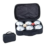 Relaxdays Boule Set, 6 Boccia Kugeln aus Metall, Zielkugel & Abstandsmesser, Petanque mit Tragetasche, silber/schw