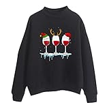 Weihnachtliche Sweatshirts für Damen, lustiger Weihnachtspullover mit rotem Weinglas, Weihnachtsmütze, einfarbig, Bluse, Schwarz , 38