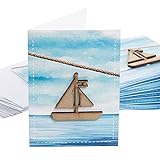 Logbuch-Verlag 10 Geburtstagskarten Einladungskarten mit Holzschiff - Karte blau natur mit Kuvert - Motiv Meer Boot W