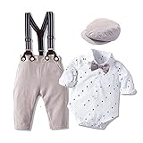 T TALENTBABY 4er Neugeborenen Strampler Kleidung Sets T-Shirt + Hosenträger + Hut + Fliege Taufe Anzug Body Smoking Weste Gentleman Festliche Hochzeit, Silber, 0-3 M