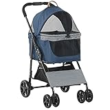 Pawhut 2-in-1 Hundebuggy Transporttasche Katzenbuggy mit Universal Rad abnehmbar Abdeckung Oxford Dunkelblau+Schwarz 77,5 x 51 x 99,5