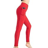 XUNHOU Trainings Hosen Laufen Yogapants,Große Lauf-Yogahose,Leggings mit Seitentaschen-rot_S,Hohe Taille Sporthosen Sup