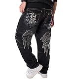 ORANDESIGNE Männer Vintage Hip Hop Baggy Jeans Denim Street Dance Rochenhosen Straight Loose Fit Teenager Jungen H Schwarz XS