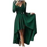 GilRu Damen Elegant Spitze Abendkleid Cocktailkleid V Ausschnitt Hoch Niedrig Flowy Meerjungfrau Kleid Langarm Swing Maxikleid Solide, grün, M