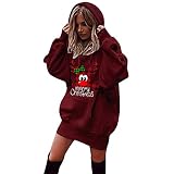 Damen Weihnachten Elegant Strickkleid Pulloverkleid Lang Pullover Minikleid Sweater Freizeitkleider Tunika Pullikleid Damen langärmelige Tasche Weihnachtsdruck Pullover Hoodie Kleid Sw