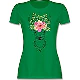 Oktoberfest Trachtenshirt Damen Party Trachten - Hirsch mit Blumengeweih - schwarz - S - Grün - Shirt mit Hirsch Damen - L191 - Tailliertes Tshirt für Damen und Frauen T-S