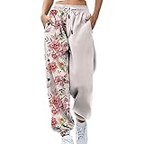 Uhoney Damenhose, modisch, leger, Druck, Tasche, elastische Taille, lang, gerade Cargohose, Jogginghose, Hosenanzug, rose, L