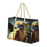 FJJLOVE Große Strandtasche Pitbull Dogs Mit Cooler Brille Umhängetasche Für Damen - Tote Bag Handtasche Mit G