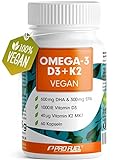 Omega-3 vegan + Vitamin D3 & K2 - 1.100 mg Algenöl mit 600mg DHA & 300mg EPA + 1000 IE Vitamin D3 + 40 µg Vitamin K2 - hochdosiert & bioverfügbar - O3 D3 K2 Essentials - vegane Omega-3 Kapseln | 60x