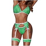 Darringls Babydoll Damen Sexy Dessous Set Spitze Lingerie Unterwäsche Erotik Reizwäsche 3-TLG Neckholder Büstenhalter und Slip und Strumpfb
