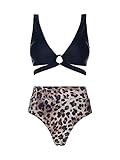 Damen-Bikini-Set, hohe Taille, Bauchkontrolle, Schnürung, Floral, überkreuzt, Badeanzug, Gelb, Schwarz / Leopard, S