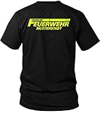 Feuerwehr - Freiwillige Feuerwehr - Neon Gelb - Brust & Rücken Aufdruck - inkl. Stadt/Ort Wunschnamen anpassbar personalisiert - Herren T-Shirt und Männer Tshirt, Farbe:Schwarz, Größe:L