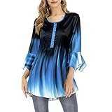 Damenmode Farbverlauf Druck Rüschenärmel T-Shirt Bluse Lässig Lose Halbe Knopf Persönlichkeit Allgleiches Tops T-Shirt M