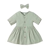 YOGALULU Kleinkind Baby Kinder Mädchen Kleider Outfits Einfarbig Kurze Ärmel Einreiher Kleid Stirnband 2 Stücke Kleidung Set Mädchenrock (Green, 18-24 Months)