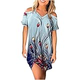 Damen Freizeit Sommerkleider Blumen Minikleid A Linie Skatekleid Swing V Ausschnitt Boho Strandkleider Sexy Schulterfrei Wickelkleid Kurzarm Lose Mode Freizeitkleider Elegant Partyk