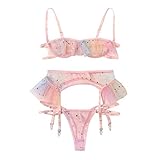 Masrin Mask Frauen Dreiteilige Unterwäsche Set Sexy Bunte Star Moon Stickerei Spitze BH Tanga Strumpfband Erotik Dessous Anzug Mesh Korsett Nachtwäsche Baby Dolls Negligees(M,Rosa)