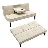 Mingone Schlafsofa,Schlafcouch mit Ausklappbar Tisch, Sofa mit Schlaffunktion,Schlafsessel mit Bettfunktion3 Sitzer Sofabett Kunstledersofa Verstellbarer Winkel Schlafsessel (1, Creme)