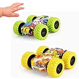 2 Stück Kinder Trägheitsauto, Reibungsbetriebene Trägheits-Doppelfahrzeuge Geländewagen doppelseitig Stunt Graffiti Modell Truck Spielzeug Geschenk für Jungen Mädchen (Grün + Gelb)
