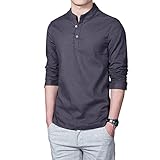 T-Shirt Herren Slim Fit Stehkragen Einfarbig Shirt Herren Knopf Ausschnitt Lassig Shirt Herren Einfachheit Mode Langarm Shirt Herren Komfortabel Atmungsaktiv Leinenhemd H