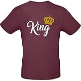 Shirt-Panda Damen & Herren - King & Queen - Krone T-Shirt - Couple Pärchen Fun Motiv Druck Weinrot - King (Druck Weiß) Unisex-Shirt L