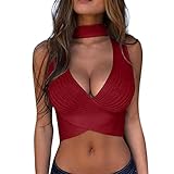 Yoofeiduoduo Frauen Gehäkelte Sommer Crop Tops Stricken Neckholder Hollow Cut Tiefer V-Ausschnitt Bustier BH Weste Damen Sexy Oberteile T-Shirts Sport Party Dance Kurz Tank Top Trägershirts Ä