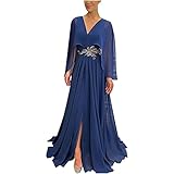 Komiseup Kleid Damen, Sexy Kleid Damen, Kleid Damen Elegant, Damen Einfarbig V-Ausschnitt Slim-Fit Split Kleid langes Kleid Abendkleid C